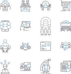 Workday framework line icons collection. Deployment, Integration, Reporting, Analytics, Configuration, Security, Performance vector and linear illustration. Mobility,Payroll,Timekeeping outline signs