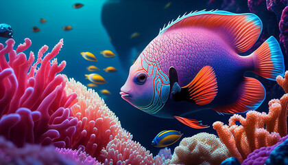 Naklejka na ściany i meble Coral reef in the sea, colorful fish in the underwater realm ecosystem, Generative AI