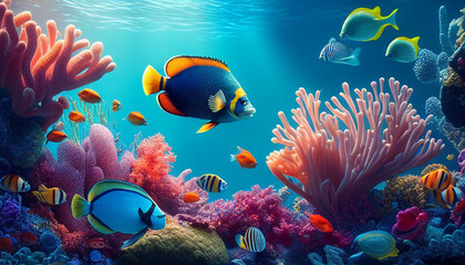 Coral reef in the sea, colorful fish in the underwater realm ecosystem, Generative AI