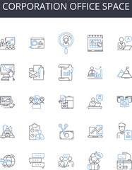 Corporation office space line icons collection. Business headquarters, Company workstations, Enterprise premises, Corporation property, Commercial establishment, Start-up premises, Firm workspaces