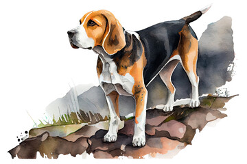 Beagle are hunting dog. Watercolor realistic illustration on a white background. Pet animals images. Generative AI.