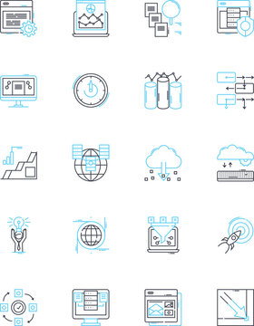 Data visualization linear icons set. Graphs, Charts, Infographics, Dashboards, Maps, Analytics, Insights line vector and concept signs. Metrics,Trends,Visualization outline illustrations