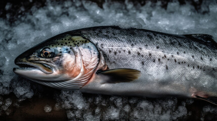 Raw fresh organic salmon on ice on a dark slate, black background. AI