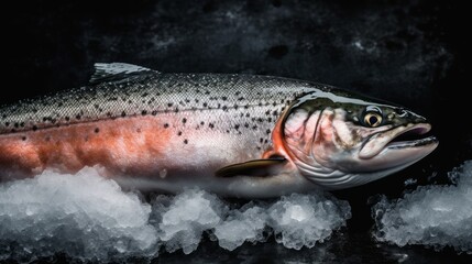 Raw fresh organic salmon on ice on a dark slate, black background. AI
