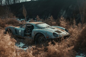 Obraz na płótnie Canvas Abandoned sports car in the wild - generative ai