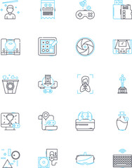 Audio production linear icons set. Mixing, Mastering, Editing, Recording, EQ, Compression, Dynamics line vector and concept signs. Effects,Sampling,Sequencing outline illustrations