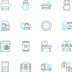 Furniture retail industry linear icons set. Sofas, Chairs, Tables, Beds, Wardrobes, Desks, Bookshelves line vector and concept signs. Recliners,Ottomans,Mattresses outline illustrations