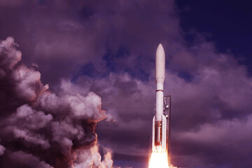 Rocket launch into outer space. Elements of this image furnished NASA.