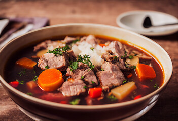 pork meat stew with vegetables served in a bowl as a dinner, restaurant dish, generative AI