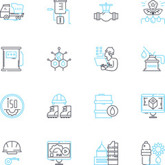 Production plant linear icons set. Machinery, Assembly, Automation, Conveyor, Line, Factory, Mass production line vector and concept signs. Equipment,Efficiency,Manufacturing outline illustrations