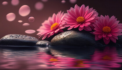 Obraz na płótnie Canvas Beautiful flowers and stones on water, pink spa flowers on hot spa stones on water, Generative AI
