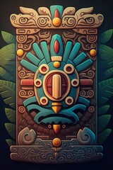 2D flat Mayan totem plank daytime background,Generative AI
