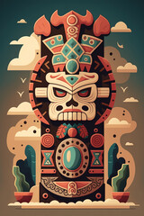 2D flat Mayan totem plank daytime background,Generative AI