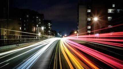 Fototapeta na wymiar Abstract long exposure dynamic speed light trails in an urban environment. Generative AI