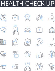 Health check up line icons collection. Medical exam, Physical test, Wellness assessment, Health evaluation, Medical check, Physical screening, Medical testing vector and linear illustration. Well