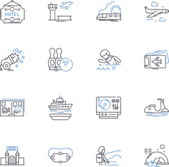 Vacation line icons collection. Relaxation, Adventure, Sun, Beach, Mountains, Excitement, Exploration vector and linear illustration. Rejuvenation,Fun,Memories outline signs set