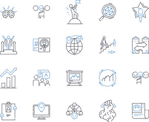 Fototapeta premium Business expansion line icons collection. growth, scaling, expansion, diversification, globalization, franchise, acquisition vector and linear illustration. market share,partnership,integration