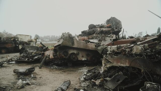 Ukraine. Bucha 2022 Cemetery of russian technology. Destroyed burnt russian military equipment