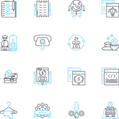 Guest relations linear icons set. Interaction, Experience, Engagement, Hospitality, Feedback, Communication, Welcoming line vector and concept signs. Service,Satisfaction,Empathy outline illustrations