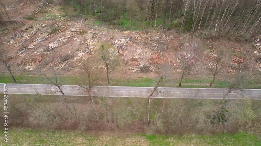Poster aerial pan along empty road bordering pile of large logs from logging