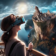 Person wearing a Virtual Reality Headset.Enters Digital Internet 3D Universe ai, ai generative, illustration