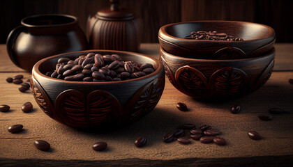 Obraz na płótnie Canvas Coffee beans in tiny wooden bowls on an antique wooden background, Generative AI