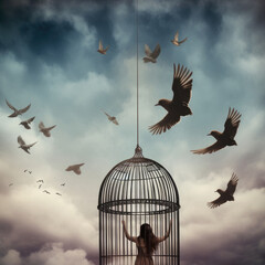 This is a conceptual image relating to addiction and freedom with a woman trapped inside a cage with birds flying free around her