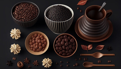 Obraz na płótnie Canvas Coffee beans and coffee-making accessories on a dark background, Generative AI