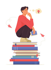 Man Sitting on Pile of Books and Thinking Good Idea from Reading Concept Illustration