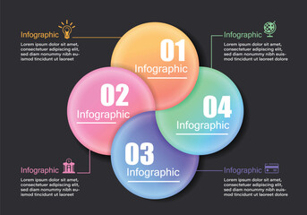 Vector infographic styled like a flower or propeller describing 4 planning steps laid out on a dark gray background with space to describe any financial education or management presentation. © Chirawan