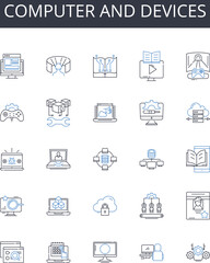 Computer and devices line icons collection. PC, laptop, tablet, smartph, smartwatch, desktop, server vector and linear illustration. gaming console,router,modem outline signs set