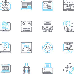 Online news linear icons set. Digital, Instantaneous, Streaming, Viral, Clickbait, Headlines, Reliable line vector and concept signs. Unbiased,Opinions,Notifications outline illustrations