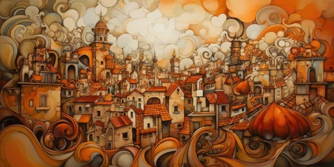 Keuken foto achterwand Aquarelschilderij wolkenkrabber  big painted city surrounded by clouds, generative ai