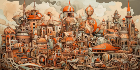 big painted city surrounded by clouds, generative ai