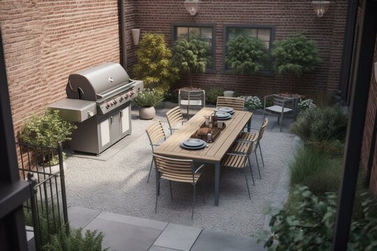 A Patio With A Table And Chairs And A Grill In The Middle Of The Yard With A Grill On The Other Side Of The Patio.  Generative Ai