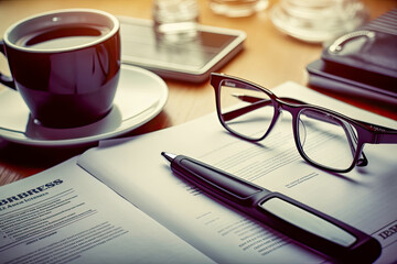 business concept, a work table with a pencil, a glasses and a coffe over the financial report, generative ai