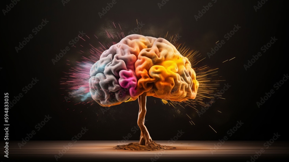 Poster concept art of a human brain exploding with knowledge and creativity. brain tree. generative ai