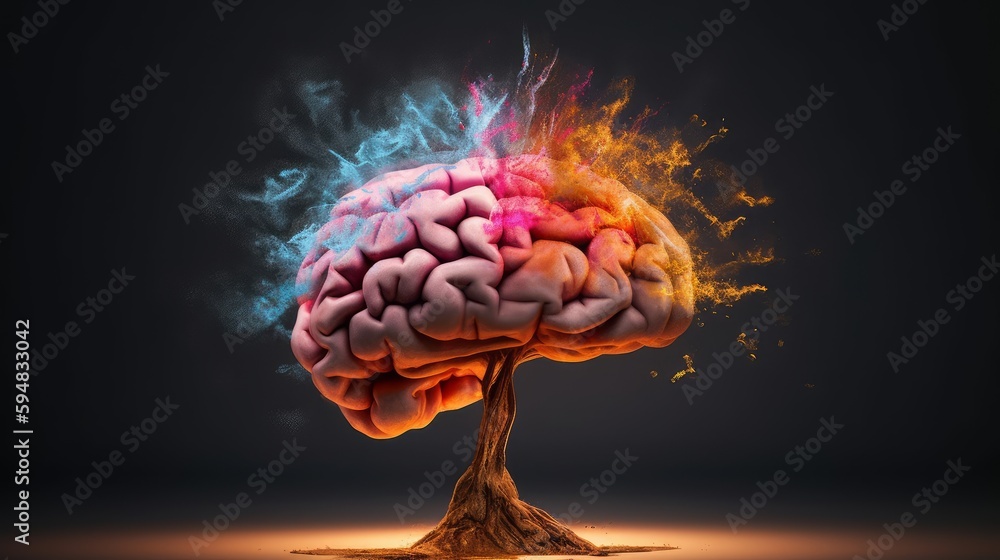 Poster concept art of a human brain exploding with knowledge and creativity. brain tree. generative ai