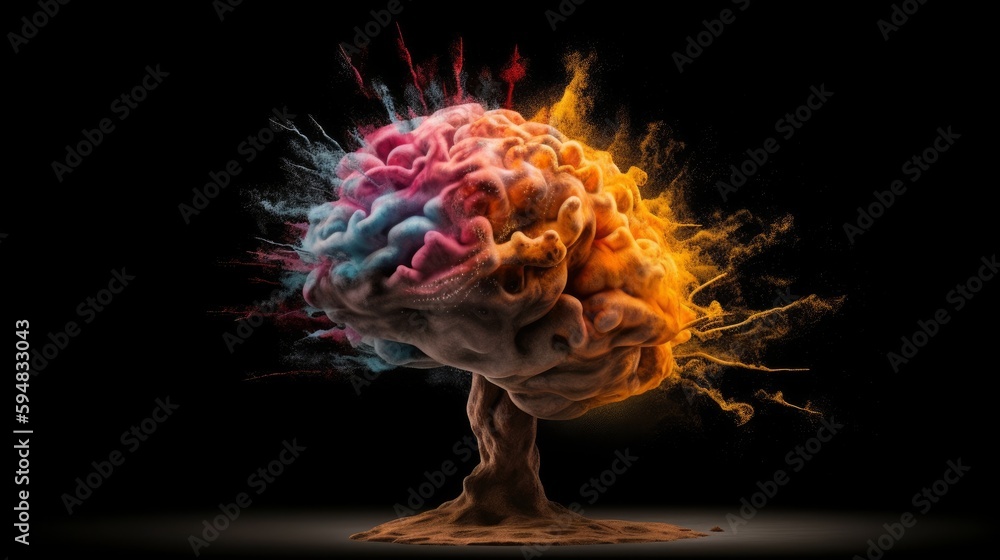 Poster concept art of a human brain exploding with knowledge and creativity. brain tree. generative ai