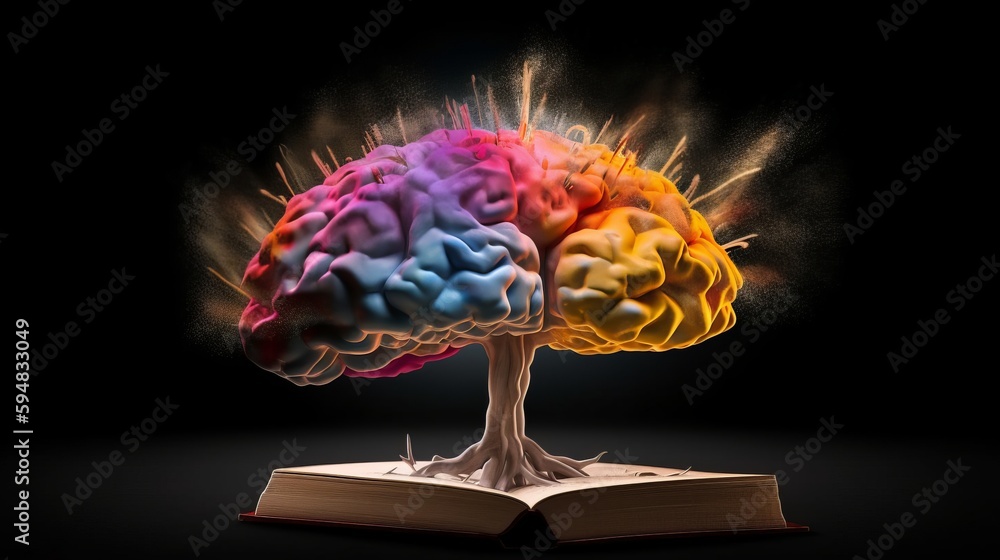 Poster concept art of a human brain exploding with knowledge and creativity from inside book. brain tree. g