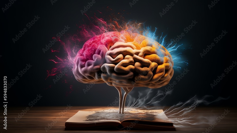Poster concept art of a human brain exploding with knowledge and creativity from inside book. brain tree. g
