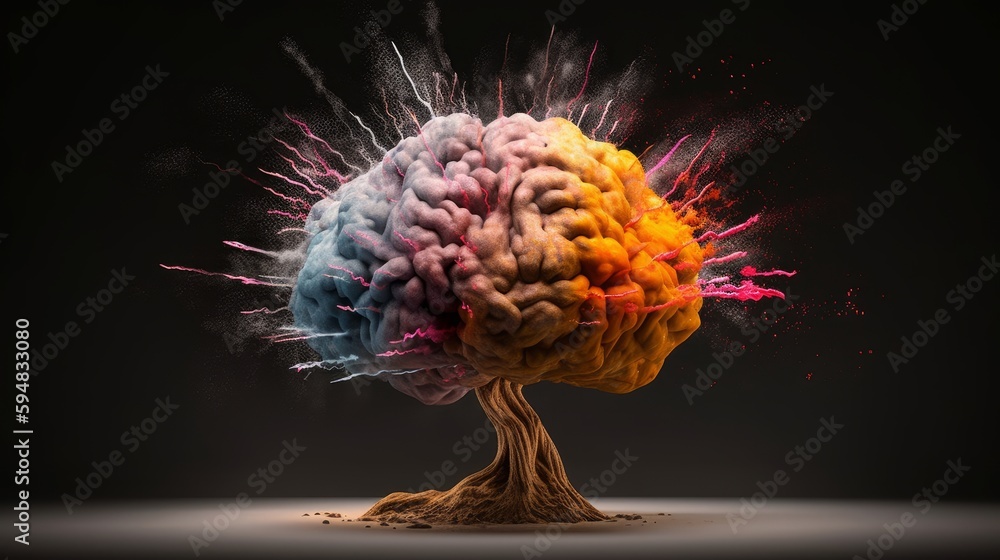 Poster concept art of a human brain exploding with knowledge and creativity. brain tree. generative ai