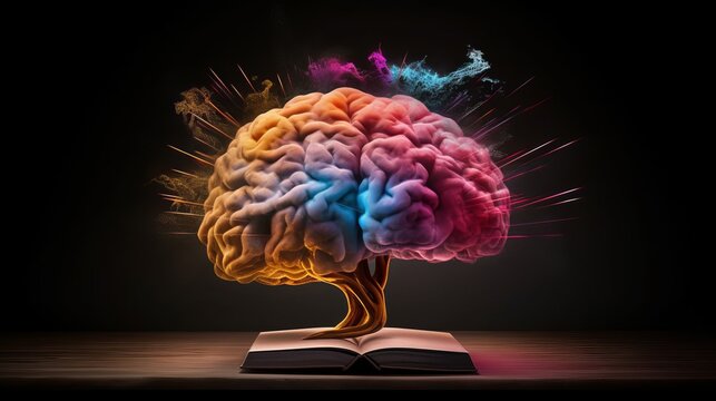 Concept art of a human brain exploding with knowledge and creativity from inside book. Brain tree. Generative AI
