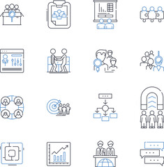 Collective discussion line icons collection. Dialogues, Brainstorming, Exchange, Debate, Groupthink, Deliberation, Interaction vector and linear illustration. Rapport,Feedback,Accountability outline