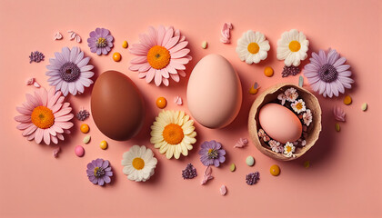 Fototapeta na wymiar Colorful Easter flat lay with eggs and flowers on pink background, Generative AI