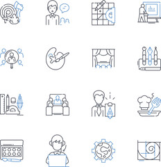 Blogging Genius line icons collection. Creativity, Inspiration, Audience, Engagement, Strategy, Consistency, Authenticity vector and linear illustration. Design,Promotion,Analytics outline signs set