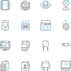 Utensil materials linear icons set. Stainless steel, Wood, Plastic, Silic, Copper, Glass, Ceramic line vector and concept signs. Aluminum,Bamboo,Cast iron outline illustrations