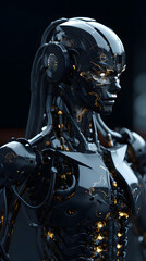 Gleaming Shadows: Unveiling the Black Shiny Gloss of the Ceramic Armor Cyborg - AI Generative