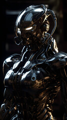 Gleaming Shadows: Unveiling the Black Shiny Gloss of the Ceramic Armor Cyborg - AI Generative
