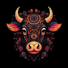 Colorful floral cow mandala art on a black background. Created with Generative AI technology.	